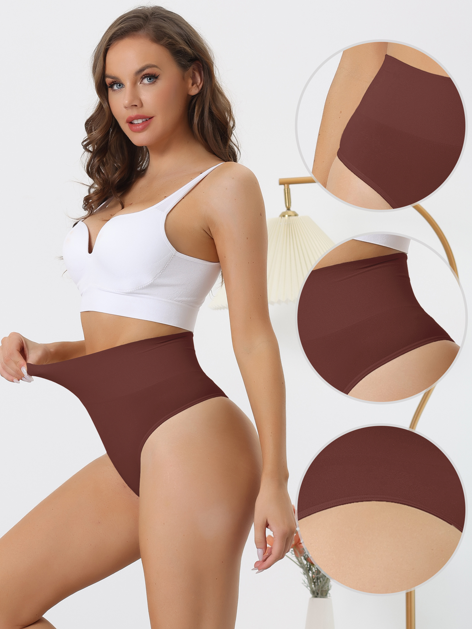 DARING DIVA Women's High-Waisted Briefs Invisible Thong Underwear L Beige Purple