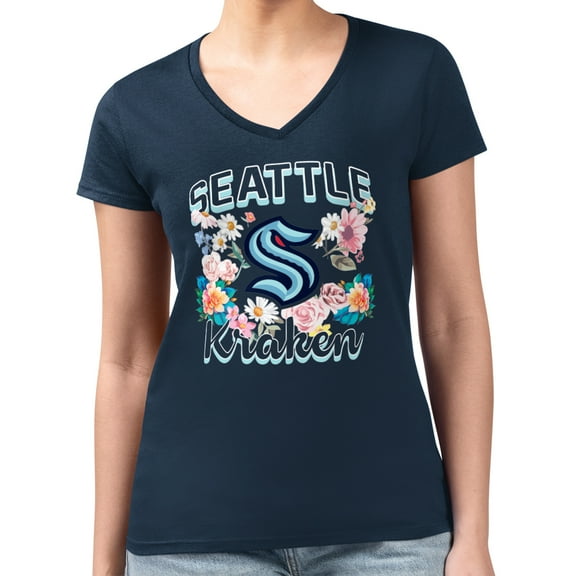 Women's G-III 4Her by Carl Banks Navy Seattle Kraken Super-Slim Fit Lightweight Flower Logo V-Neck T-Shirt