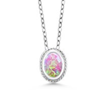 Gem Stone King 0.63 Ct Oval Cabochon Pink Simulated Opal 925 Sterling Silver Bezel Setting Pendant With Chain