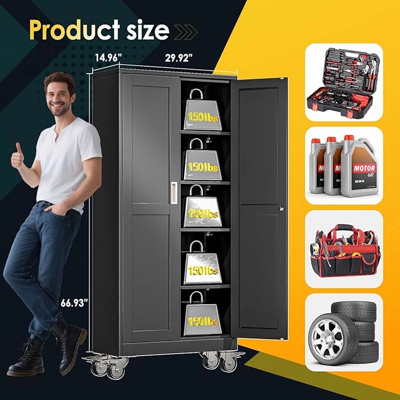 Erosoei 71"H Metal Garage Storage Cabinet with Wheels, Tool Storage Cabinet with 4 Adjustable Shelves