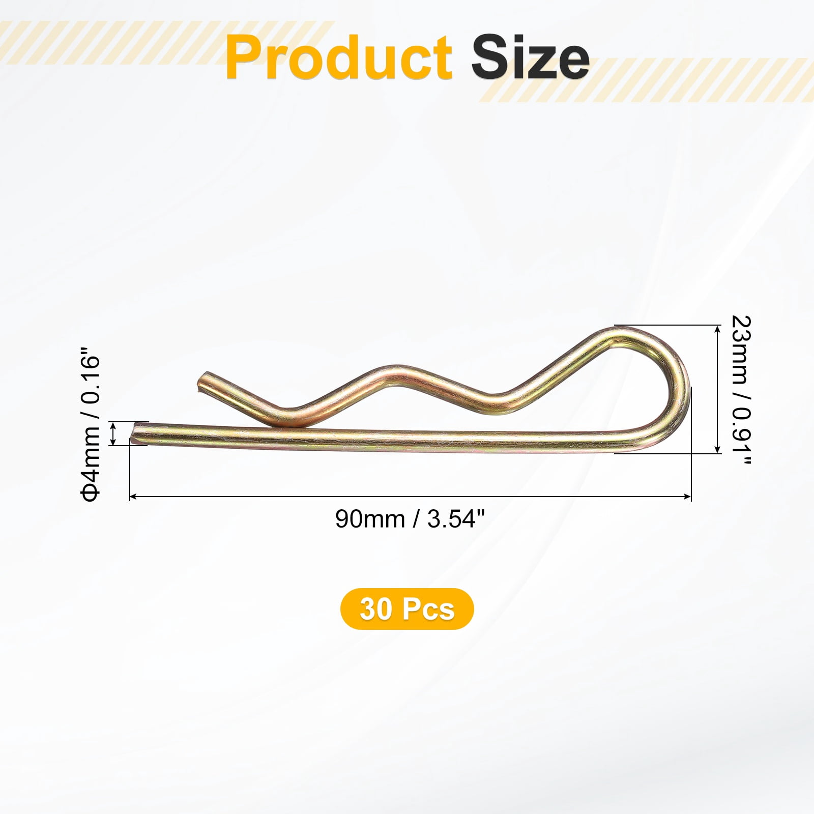 30Pack Hitch Pin Clip, 4x90mm Zinc-Plated Spring Steel Retaining R Clip, Gold