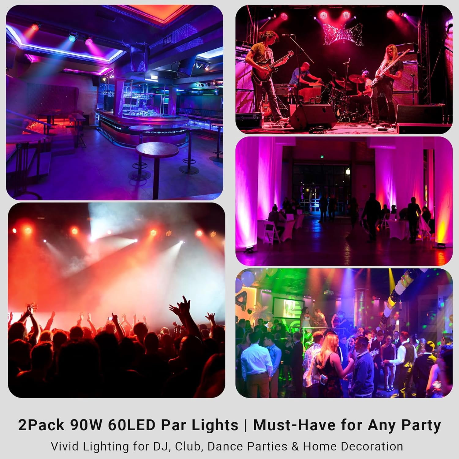 90W RGB LED Par Lights: 60 LEDs Dimmable Stage Lighting - Remote & DMX Control - Sound Activated Uplights for Events DJ Wedding Party Church Band Holiday Performance- 2Pack