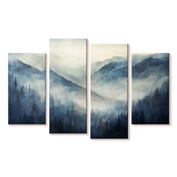 Elephant Stock Foggy Blue Mountainscape Wall Art - Horizontal Multi Panel Canvas - Living Room Wall Decor - Nature Multi Panel - Blue And Beige Decor - 24" x 14"
