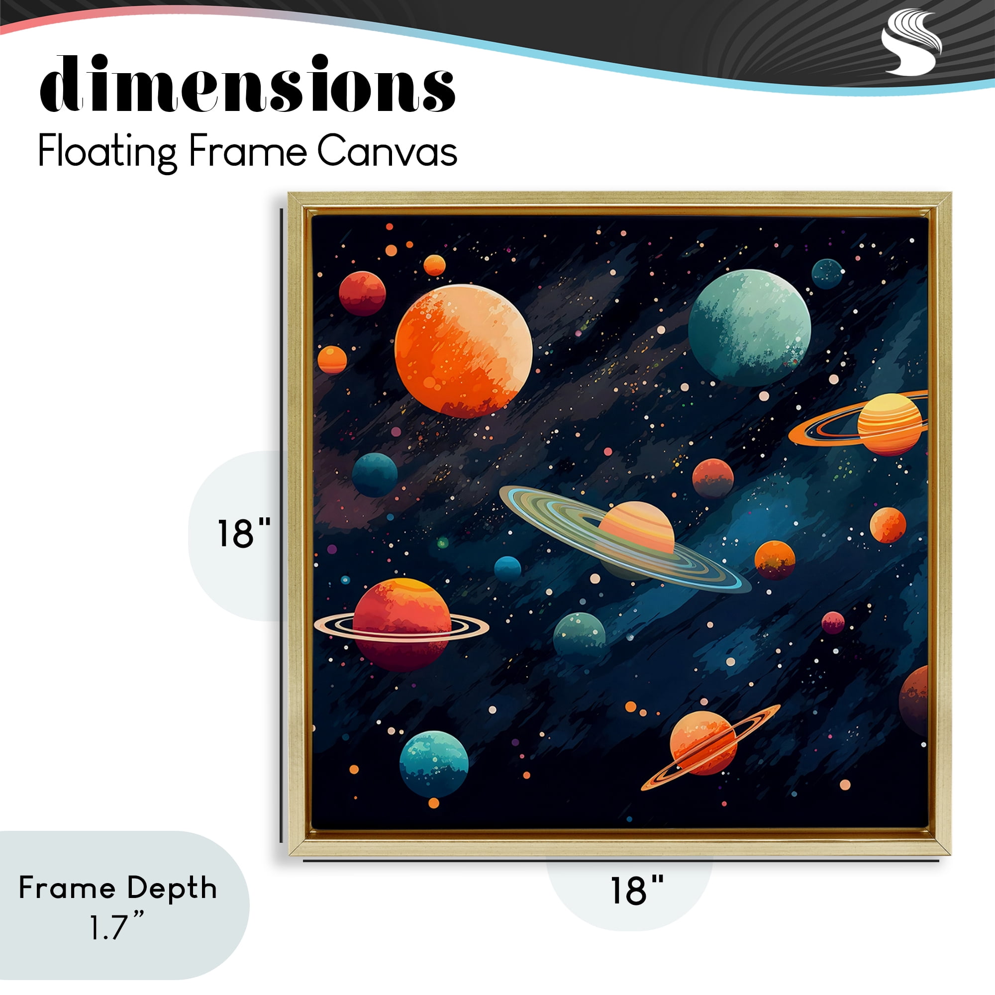 Stupell Industries Orange & Blue Planets in Orbit Gold Framed Floater Canvas Wall Art, design by Creative Studio