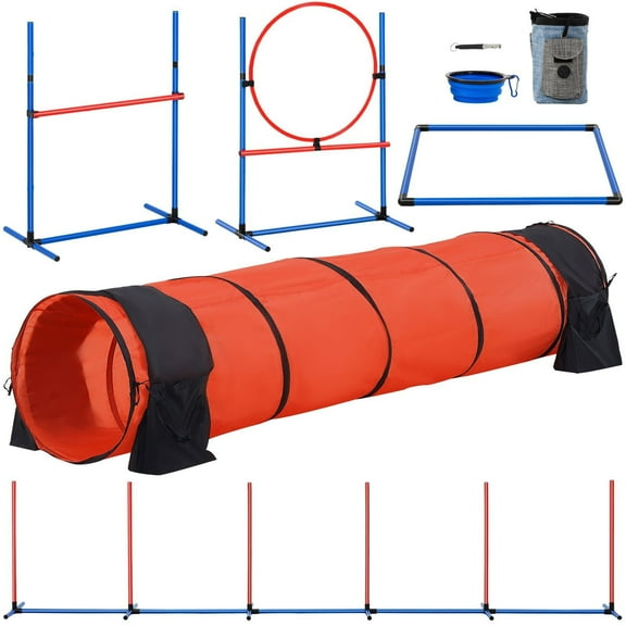 5-Piece Dog Agility Training Set with Adjustable Hurdles, Extended Tunnel, Weave Poles – for Small & Large Dogs – Indoor/Outdoor Pet Obstacle Course