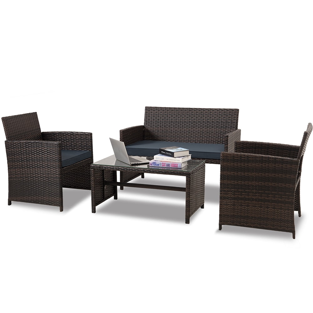 Kadyn 4 Pieces Outdoor Wicker Furniture Sets, Patio Conversation Sets with Soft Cushions Loveseat, 2 Soft Cushions Single Chairs and Coffee Table, PE Rattan Conversation Set for Courtyard, Navy Blue Kadyn 4 Pieces Outdoor Wicker Furniture Sets, Patio Conversation Sets with Soft Cushions Loveseat, 2 Soft Cushions Single Chairs and Coffee Table, PE Rattan Conversation Set for Courtyard, Navy Blue