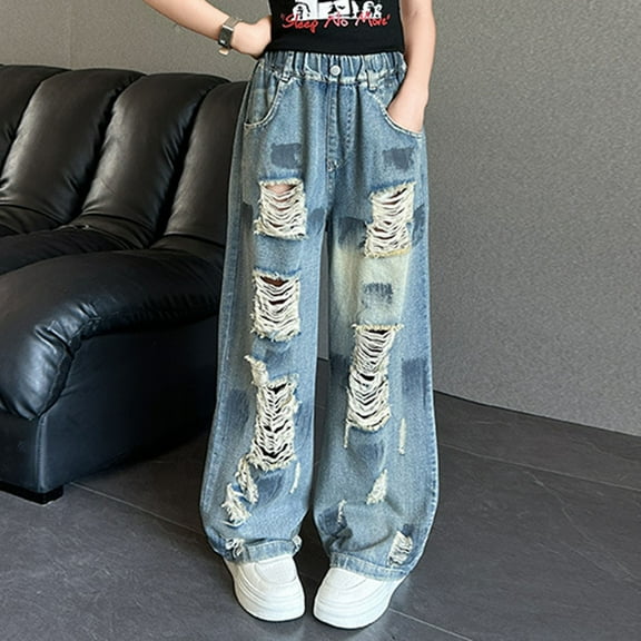 JIAYUE Girls Solid Color Jeans Ripped Loose Fit Straight Leg Elastic Waist For Kids Summer Fashion Denim Trousers