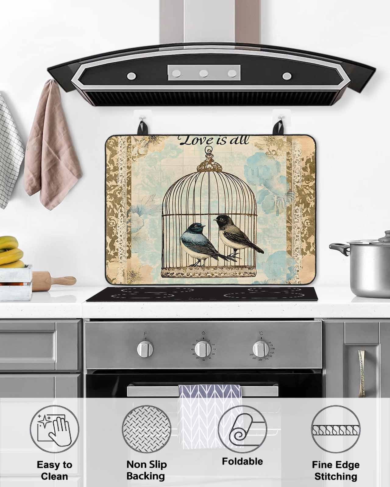 nqOlkjepod Large Induction Cooktop Protector Mat 36"x21", Retro Birds Cage Stove Top Covers for Electric Stove, Watercolor Floral Pattern Decorative Stove Burner Cover Mats, Glass Top Stove Cover