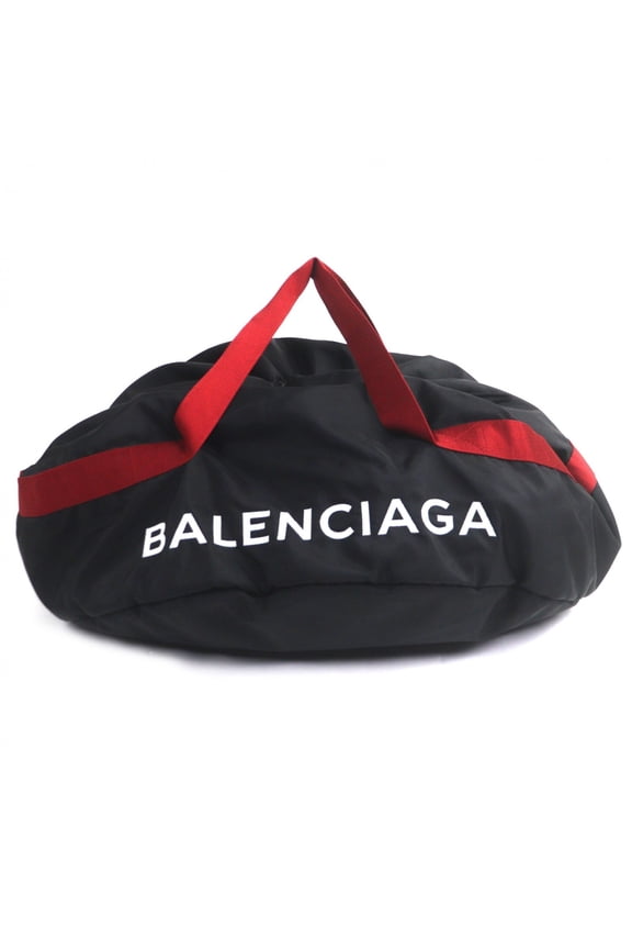 Pre-Owned BALENCIAGA 489941 Wheel Nylon Logo Embroidered Drawstring Large Boston Bag Black Red...