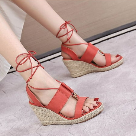 

kpoplk Women s Sandals Women s Closed Toe Elastic Ankle Strap Wedge Sandals(Red)