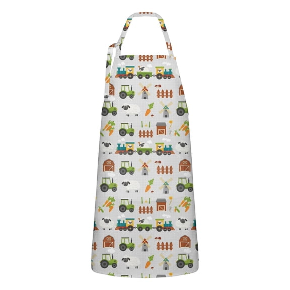 Cartoon Tractors Windmills Light Gray Apron-Garden Aprons for Women with Pockets-Cotton Linen Waterproof Kitchen Cooking Gardening Aprons Adjustable for Kitchen,Cooking,BBQ and Salon 33x27 Inch