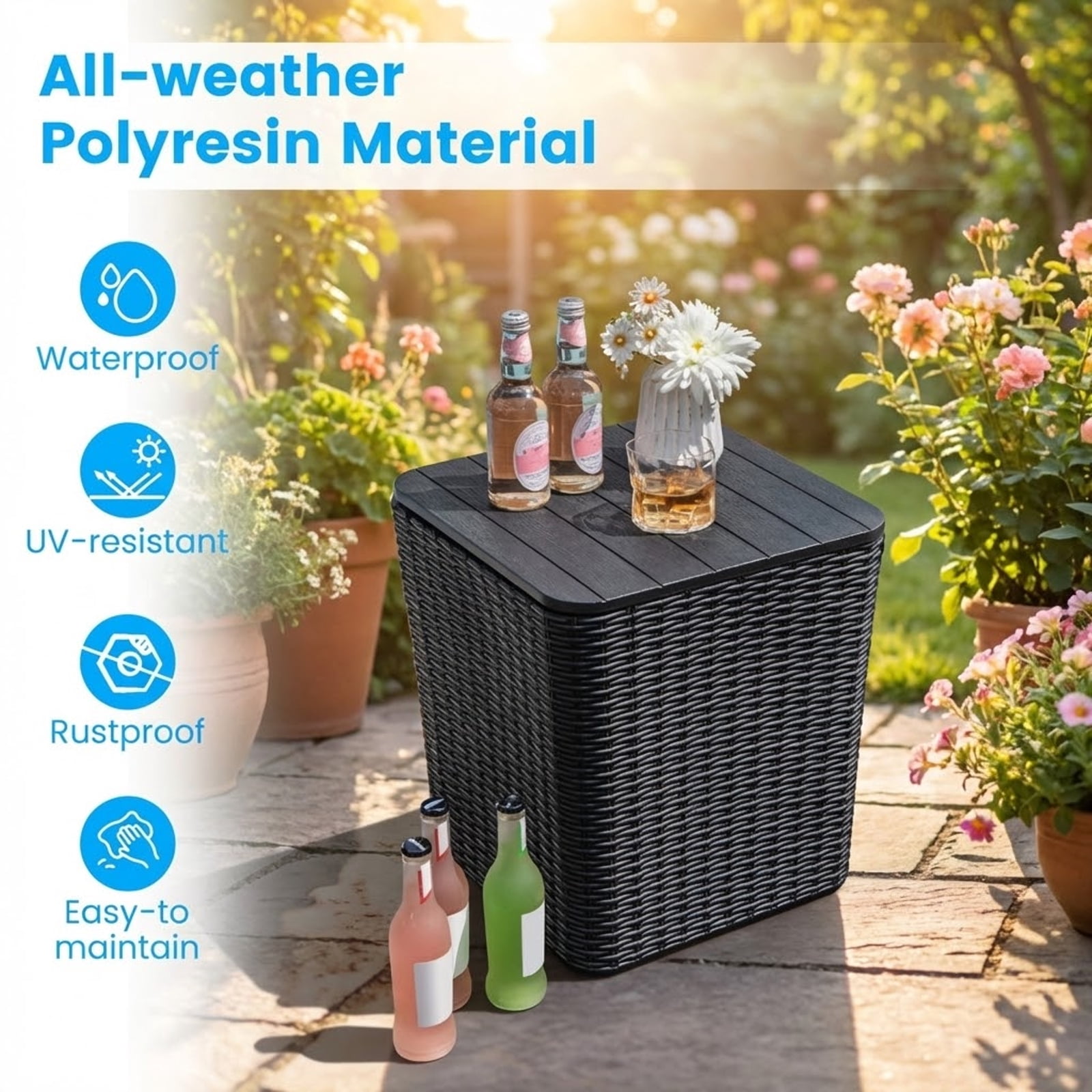Furnibear Outdoor Side Table with Storage, Modern Wicker Resin Accent Table with Removable Lid, Waterproof Patio Furniture for Porch, Pool, and Garden, Black
