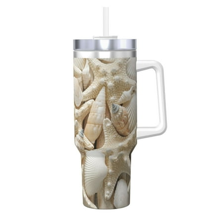 

Salouo Starfish and Sea Shells for 40oz Water Bottle with Handle & Flip Straw - Stainless Steel Vacuum Insulated Tumbler-Reusable Travel Coffee Mug- Gifts for Women & Men