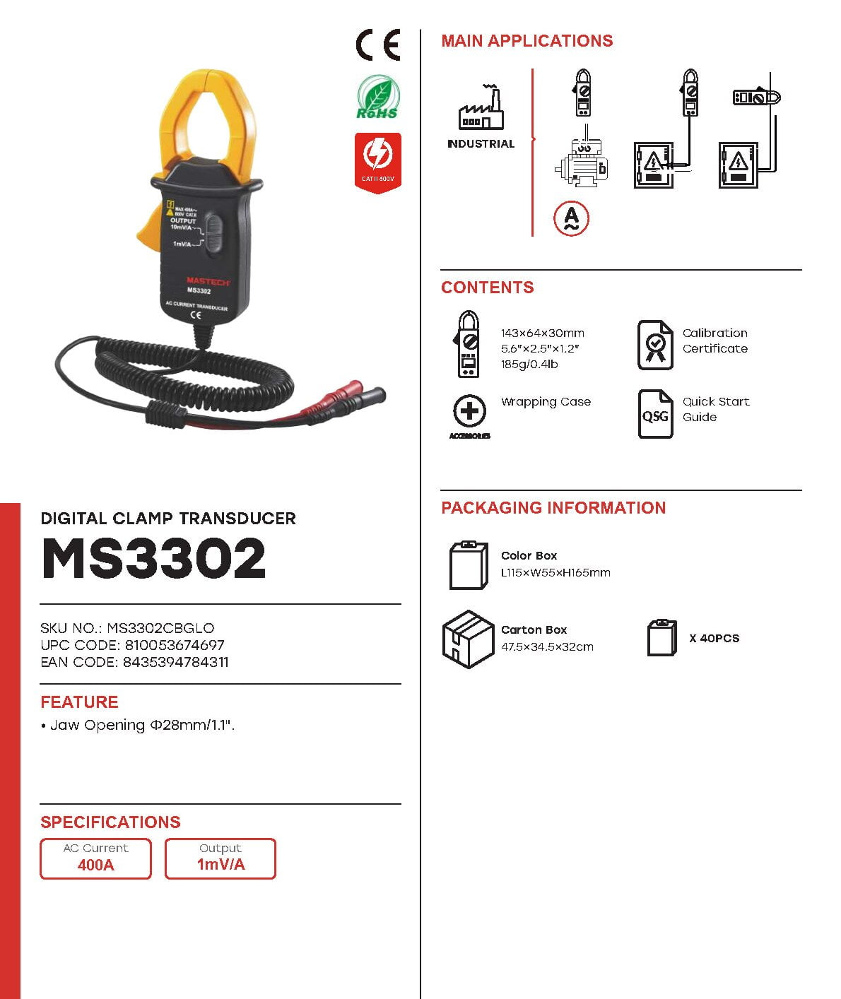 MASTECH MS3302 Clamp Meter Transducer True RMS Digital Multimeter AC Current 0.1A - 400A Clamp Converter(MS3302)