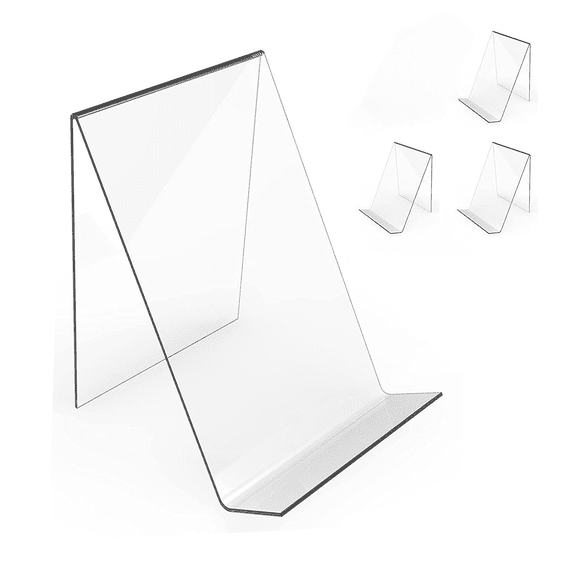 4 Pack Acrylic Book Stand Without Ledge, 6 Inch Clear Display Easel Holder for Pictures, Books, Artworks, CDs, Tablet, Transparent Shelf Organizer