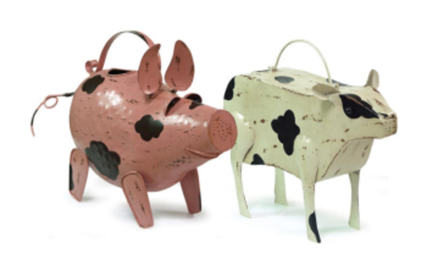 Set of 2 Pig and Cow Decorative Metal Gardening Outdoor Watering Cans 14.5" by CC Home Furnishings