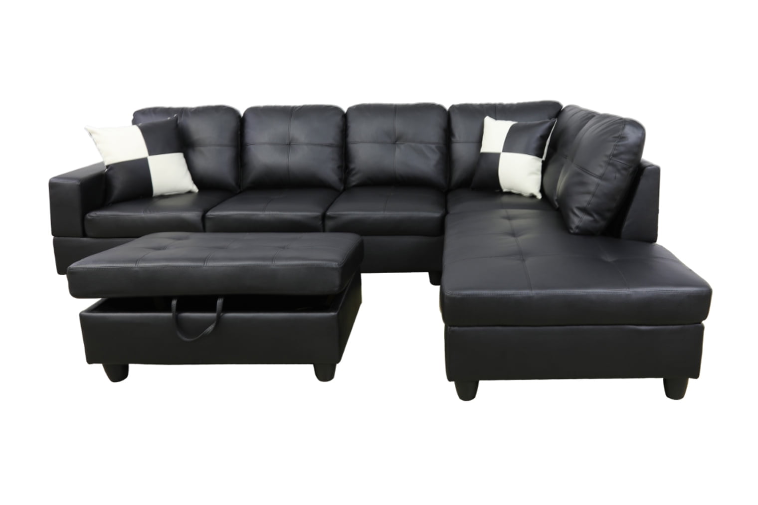 PonLiving Furniture Black Faux Leather 3 Piece Sectional Sofa Couch Set, L-Shaped Modern Sofa with Chaise Storage Ottoman for Living Room Furniture, Right Hand Facing