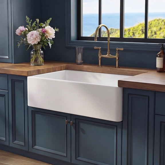 Miuara Farmhouse Apron Front 30-in x 18-in Single Bowl White Fireclay Kitchen Sink for Kitchen or Laundry - with Bottom Grid and Drain Strainer Kit