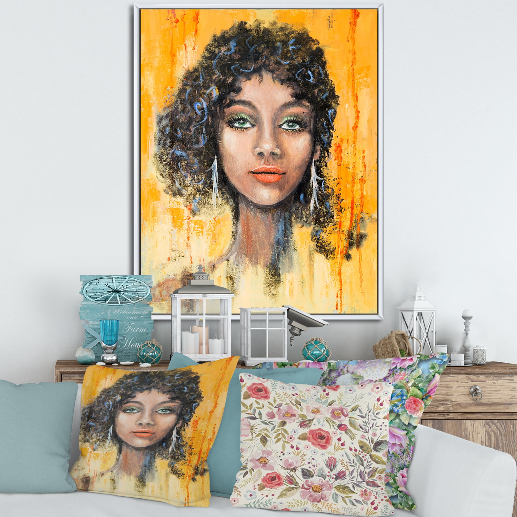 Designart 'Girl Face With Green Eyes & Black Hair Impression' Modern Framed Canvas Wall Art Print