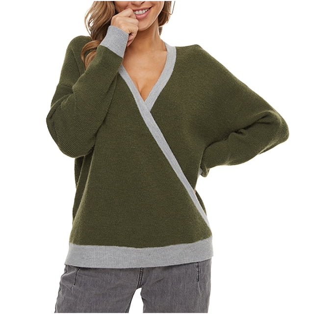 Yuyuzo Sweater Blouses Long Sleeve V Neck Pullover Patchwork Knit Tops Fall Winter Casual Solid Color Sweaters