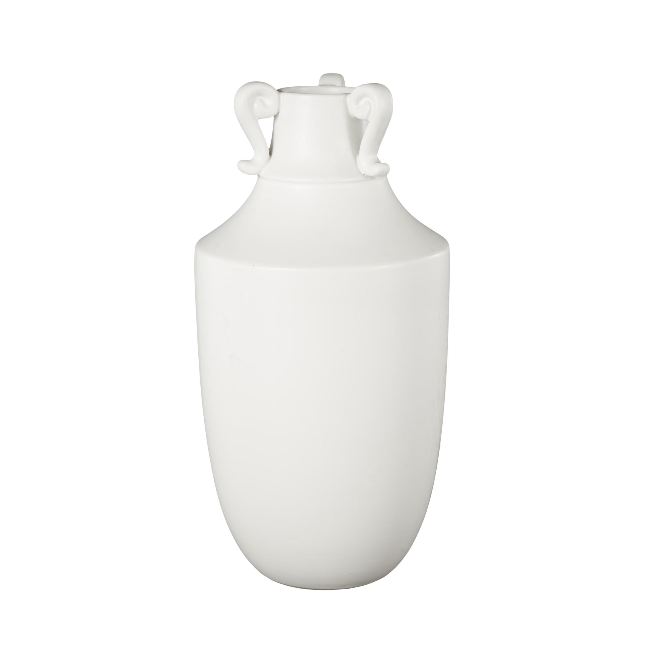 DecMode 16" Scroll Sleek Amphora White Ceramic Vase with Handles