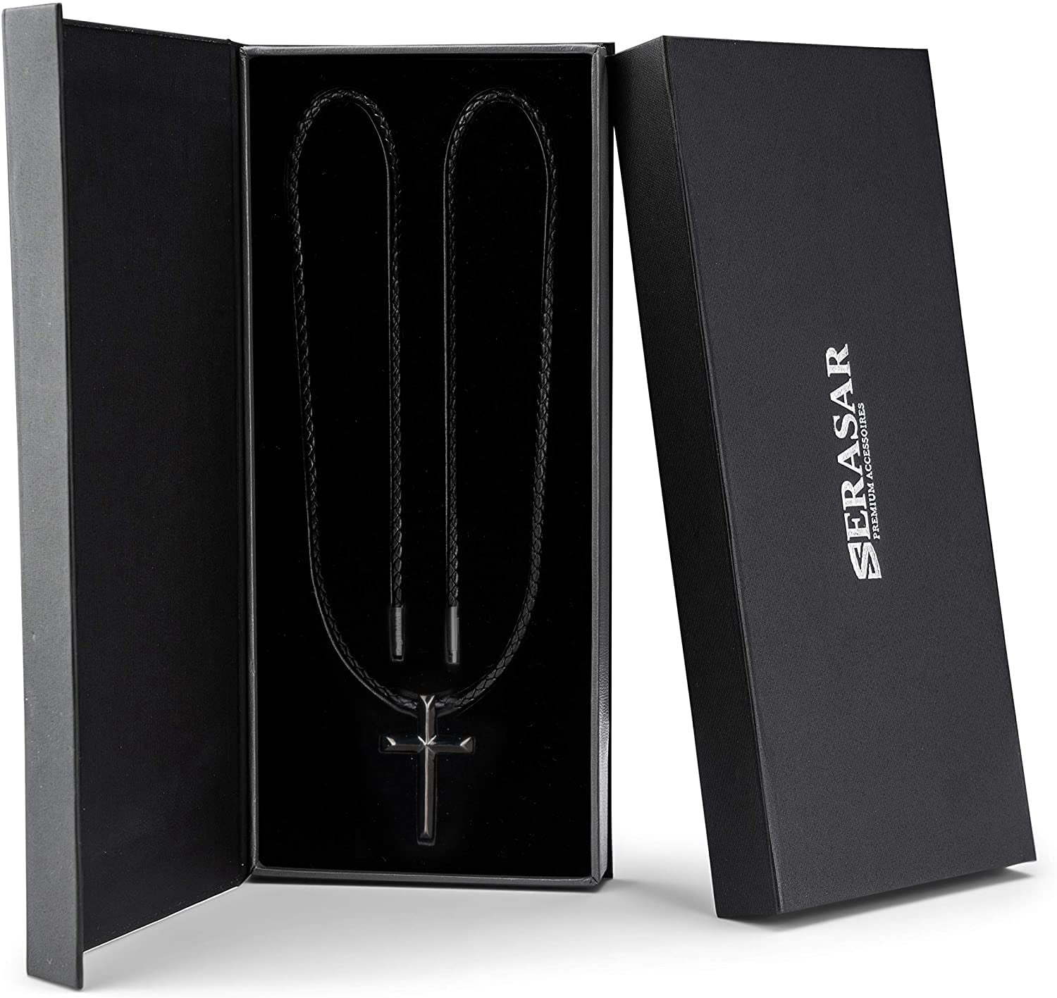 SERASAR Men's Genuine Leather Necklace "Cross" with Stainless steel Pendant and Magnetic Closure, Black 60cm, incliding Gift box