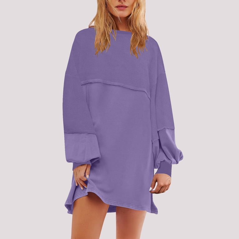 qolati Holiday Dresses for Women Oversized Long Sleeve Patchwork Sweatshirt  Dress Solid Crewneck Drop Shoulder Pullover Tops Mini Dresses - Walmart.com