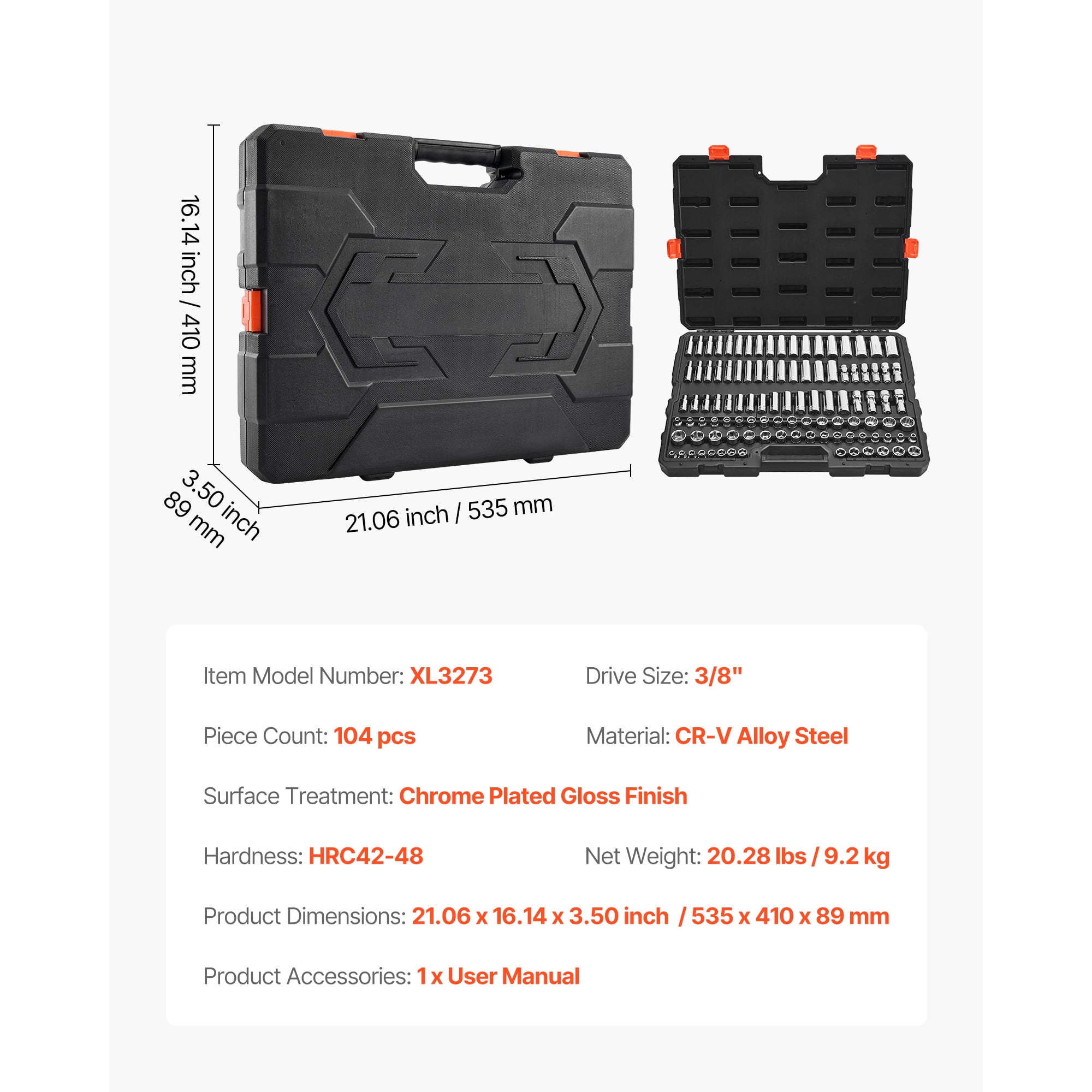 KFFKFF 104-Piece Socket Set, 3/8-Inch Drive, Metric Sizes 6-24 mm, Includes Deep and Standard Sockets, Durable CR-V Alloy Steel with Chrome Finish, Mechanic Tool Kit for Automotive Maintenance