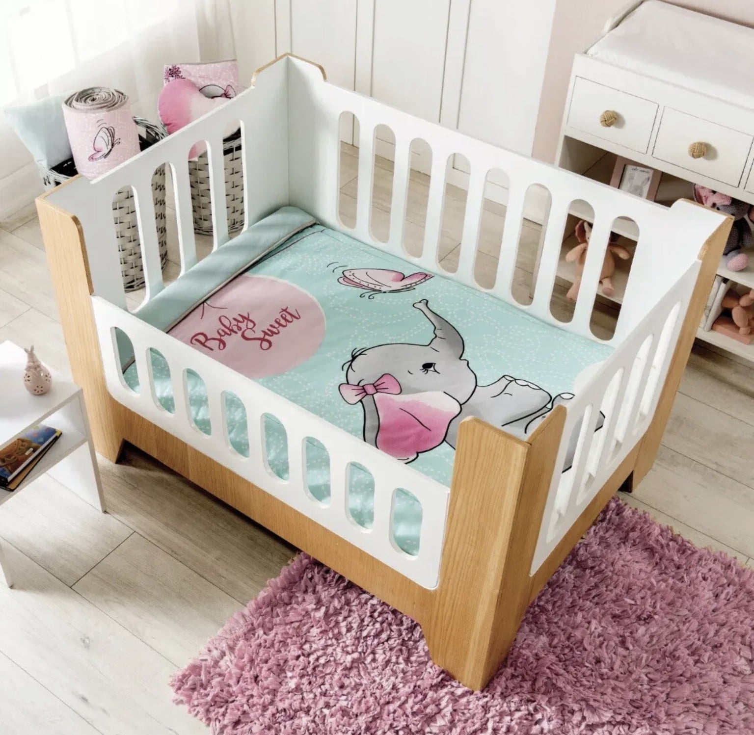 SWEET ELEPHANT BABY GIRL CRIB BEDDING NURSERY SET 3 PCS