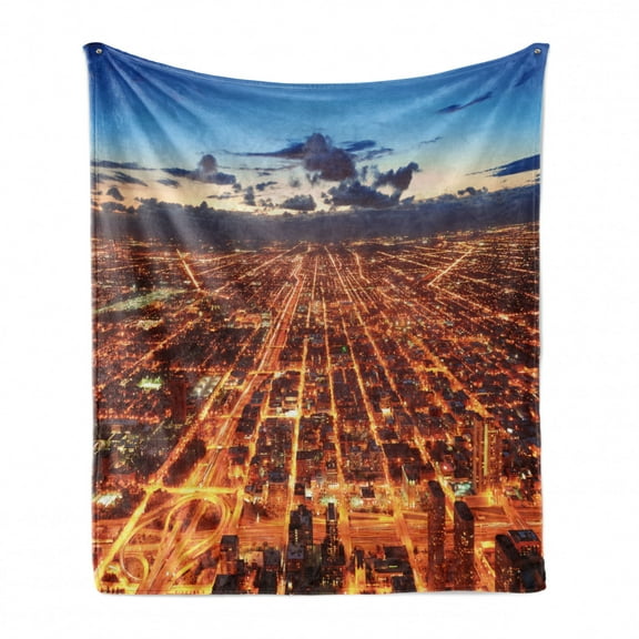 City Soft Flannel Fleece Throw Blanket, Chicago Downtown Skyline Aerial Panorama View at Dusk with Skyscrapers, Cozy Plush for Indoor and Outdoor Use, 50" x 60", Orange Dark Orange Blue, by Ambesonne