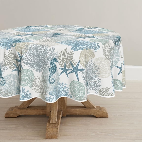 Summer Tablecloth 70×70 Inch Round, Sealife Blue Beach Washable Table Cover for Party Picnic Dinner Decor