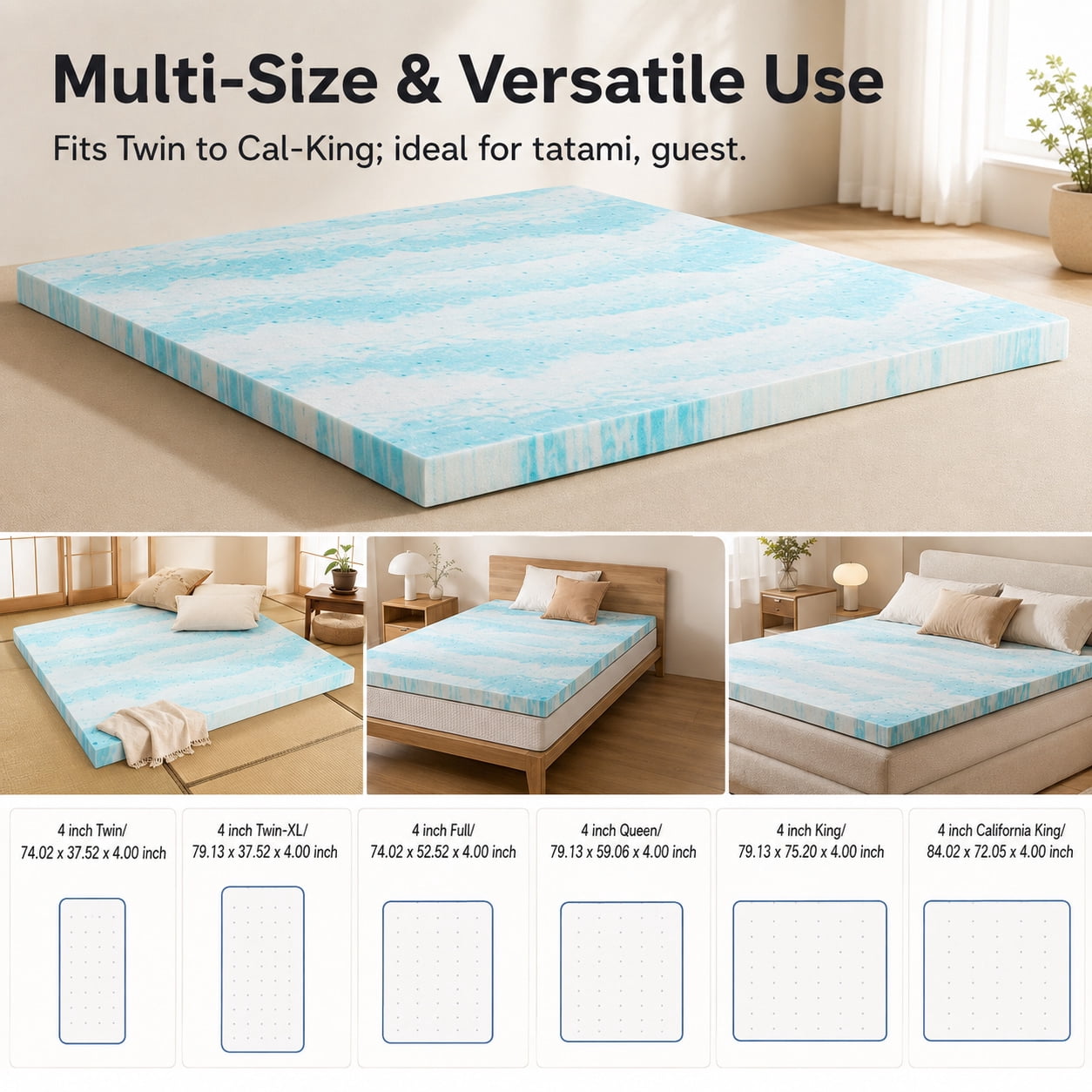 Alvantor 4" Cooling Gel Memory Foam Mattress Topper, Ventilation Holes, Pressure Relief & Breathable Comfort Bed Topper