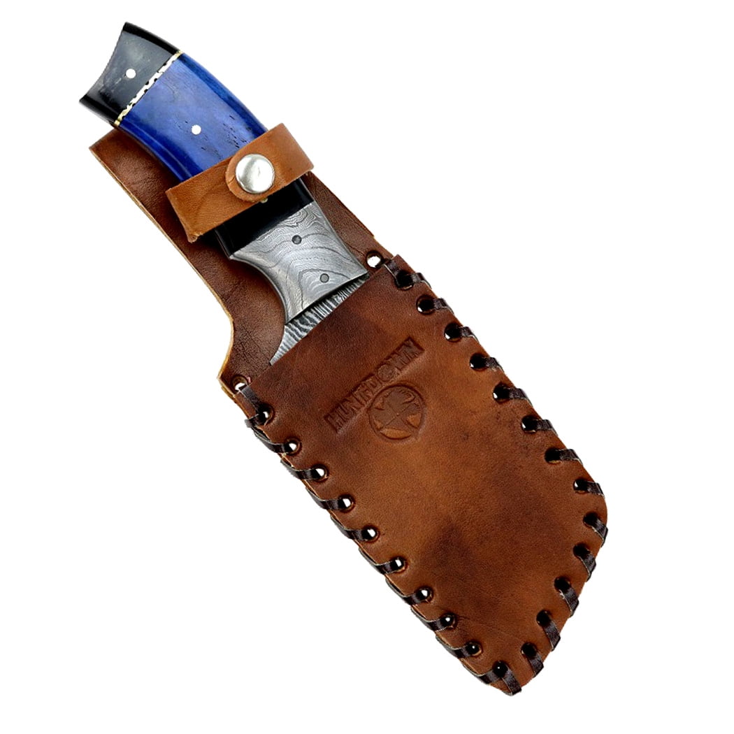 Hunt-Down 9' Damascus Blade Hunting Knife Horn Handle with Leather Sheath