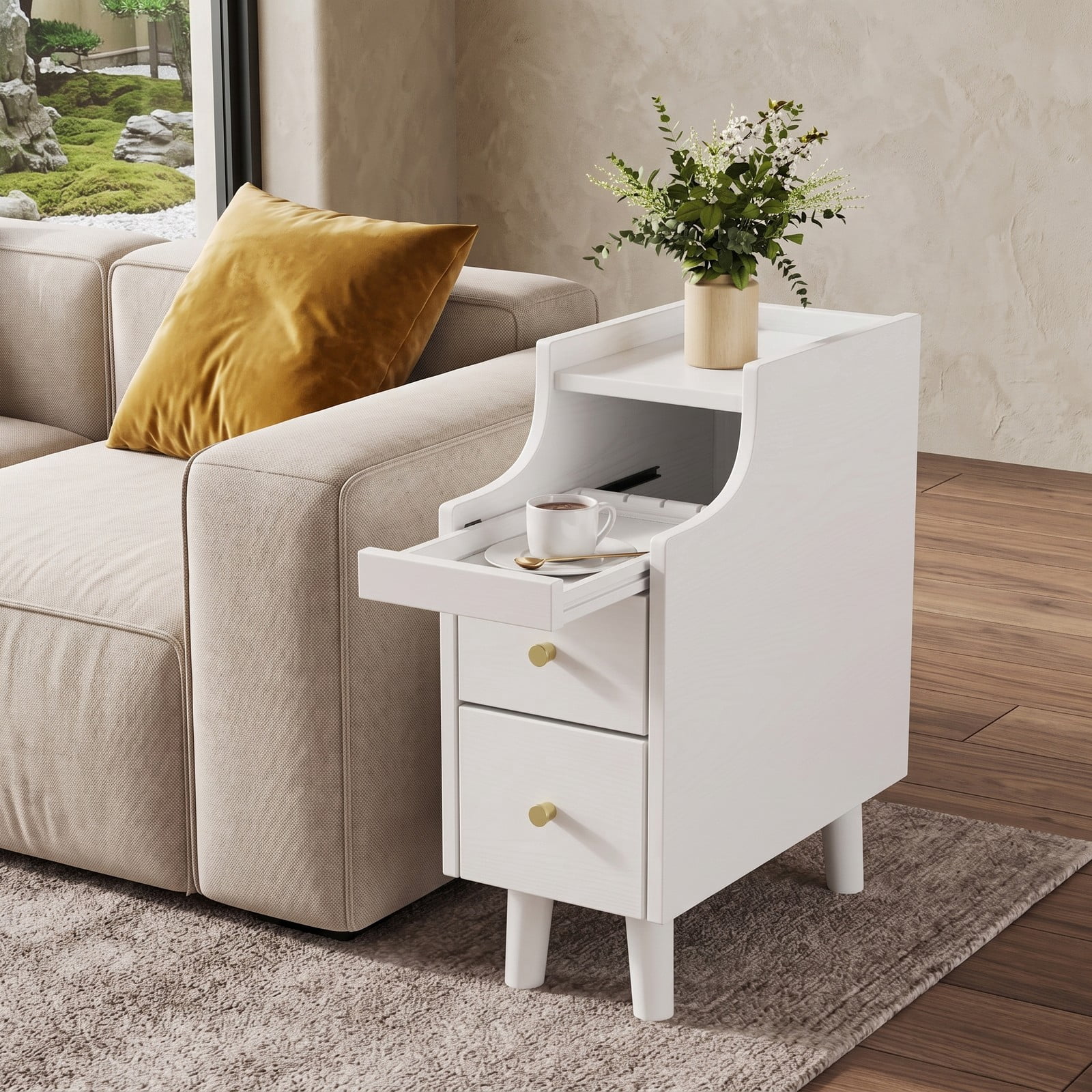 Furnibear Narrow Nightstand with Pull-out Tray and 2 Storage Drawers, Slim Solid Wood Bedside Table for Small Spaces and Tight Corners, White