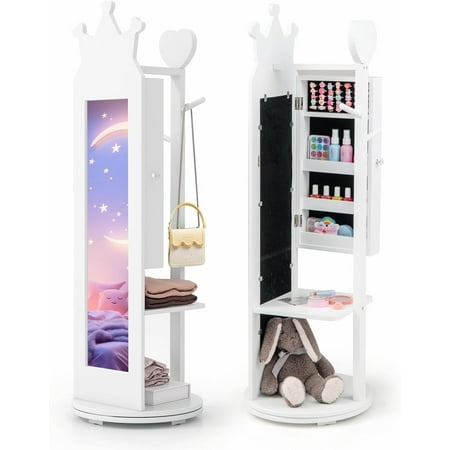 CHARMAID Kids Mirror Jewelry Cabinet - 360° Swivel Jewelry Armoire with Full Length Mirror Coat Rack Storage Shelves 44 Standing Vanity Dressing Mirror Kids Jewelry Organizer for Girls (White)