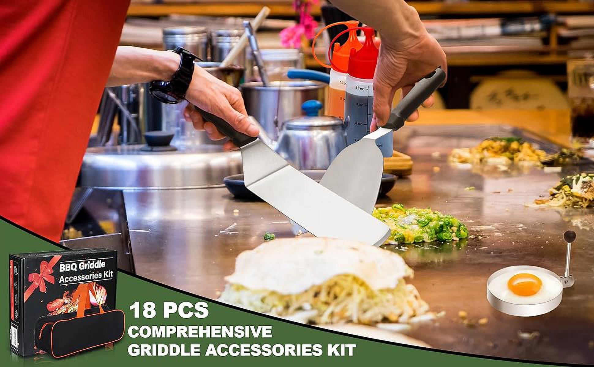 18PCS Griddle Accessories Kit, Flat Top Grill Accessories Set for Blackstone and Camp Chef, Griddle Tools with Extra Large Griddle Spatula and Griddle Grease Gate for Outdoor BBQ