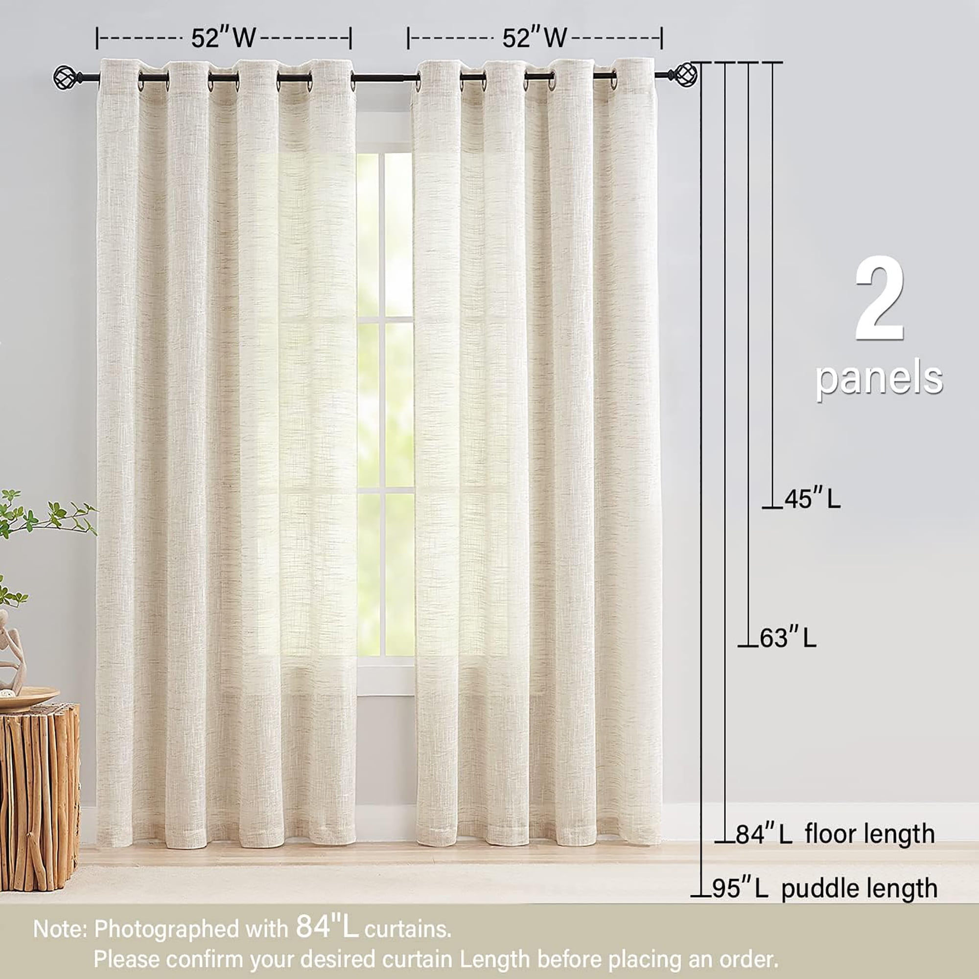 Exultantex Rustic Beige Burlap Sheer Curtain - 52"W x 95"L -Natural Home Decor Accent, 2pcs,Grommet Top