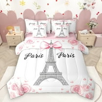 Homewish Paris 7-Piece Twin Bedding Sets,Eiffel Tower Bedding Comforter Set,Pink White Sheet Sets For Girls Kids,Microfiber Bedroom Decor Reversible