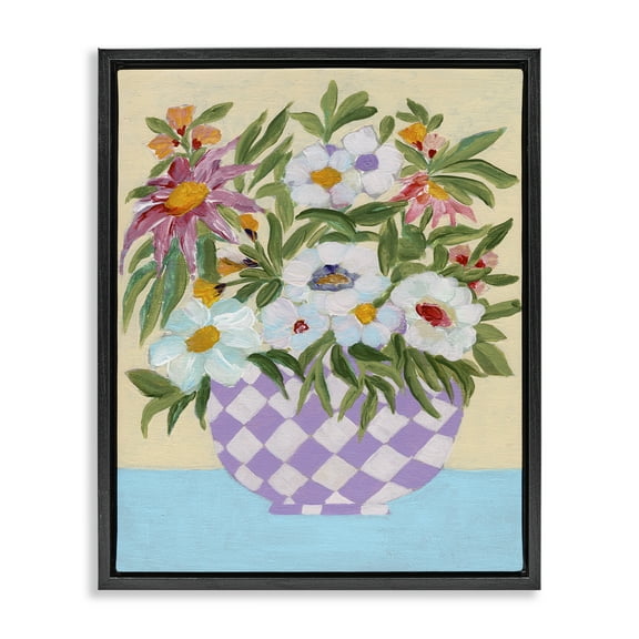 Stupell Industries Checkered Flower Pot Plants & Flowers Painting Black Floater Framed Canvas Art Print Wall Art, 17 x 21