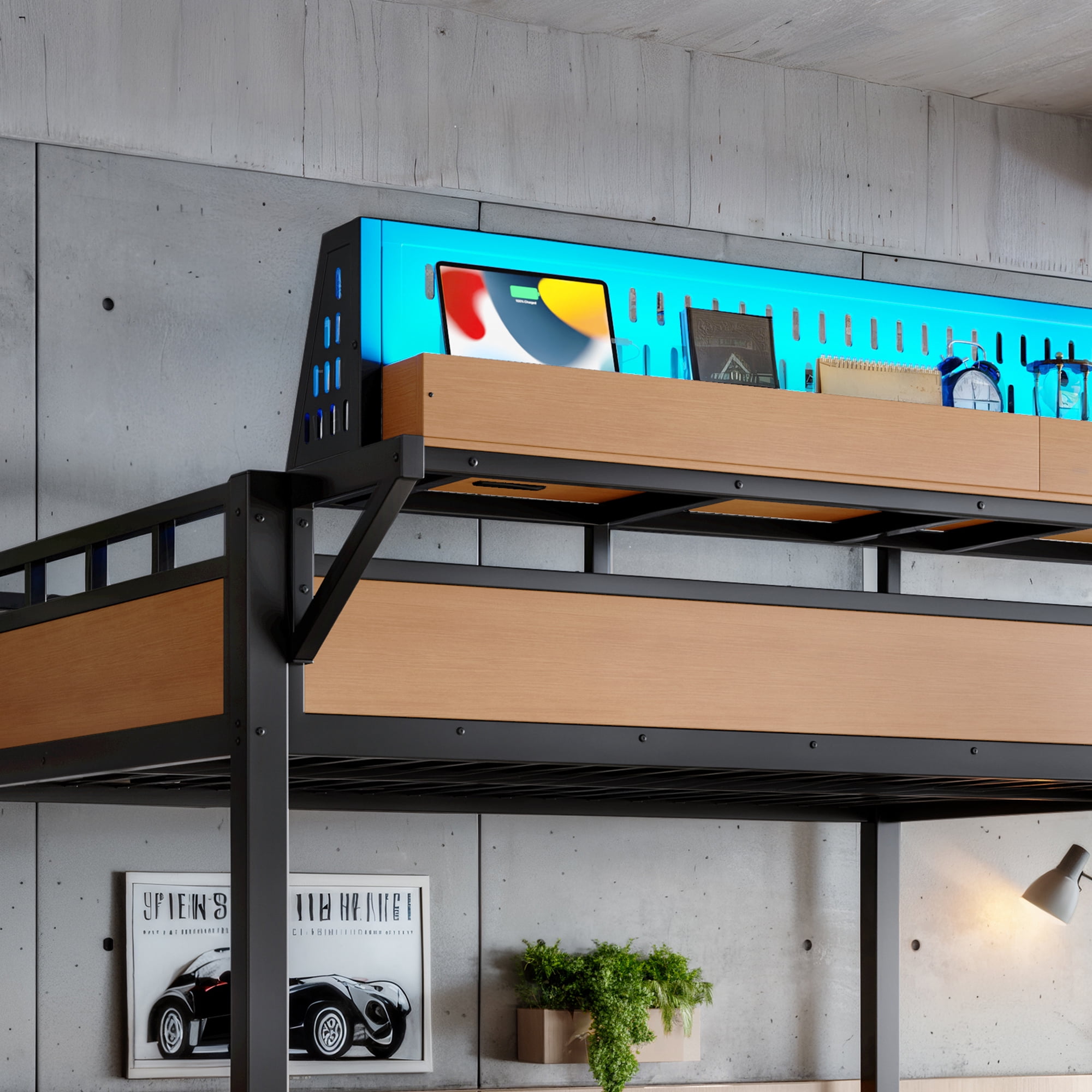 Leumius Queen over Queen Size Bunk Bed with Storage Shelves and Pegboard,Heavy Duty Metal Bunk Bed with USB Ports and LED Lights,Space-Saving,Natural