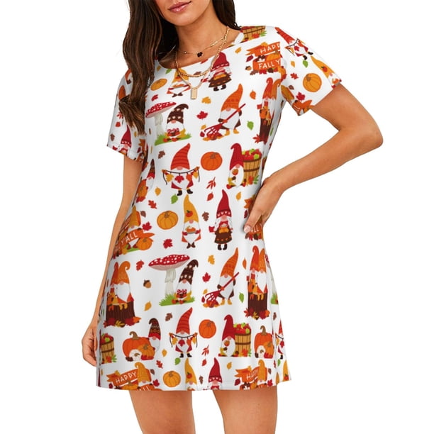 Balery Autumn Gnome Camisón de manga corta con cuello redondo para mujer, cómodo y elegante.