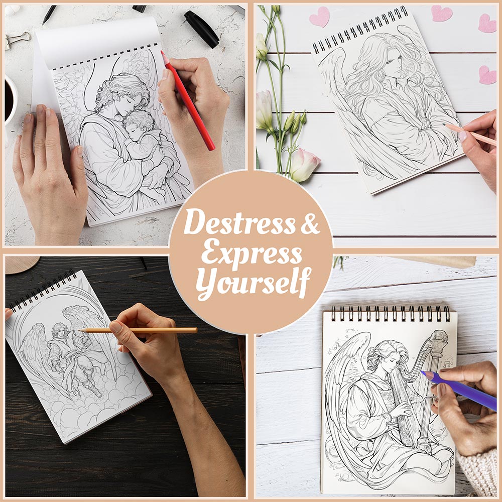Netecom Male Angel Coloring Book Spiral Bound for Adults, A5 Wooden Cover, 30 Handsome Coloring Pages of Enchanted Beauties from Heaven for Stress Relief and Relaxation