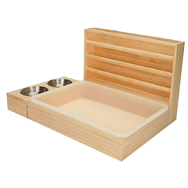 Comedero de heno de madera para conejos con caja de arena, comedero para conejos, dispensador de alimentos para exteriores, heno portátil para