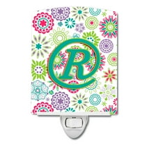 Caroline's Treasures CJ2011-RCNL Letter R Flowers Pink Teal Green Initial Ceramic Night Light, 6x4x3", multicolor