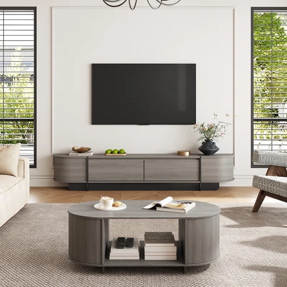 Grey TV Stand and Coffee Table Set with Curved Edges for Living Room
