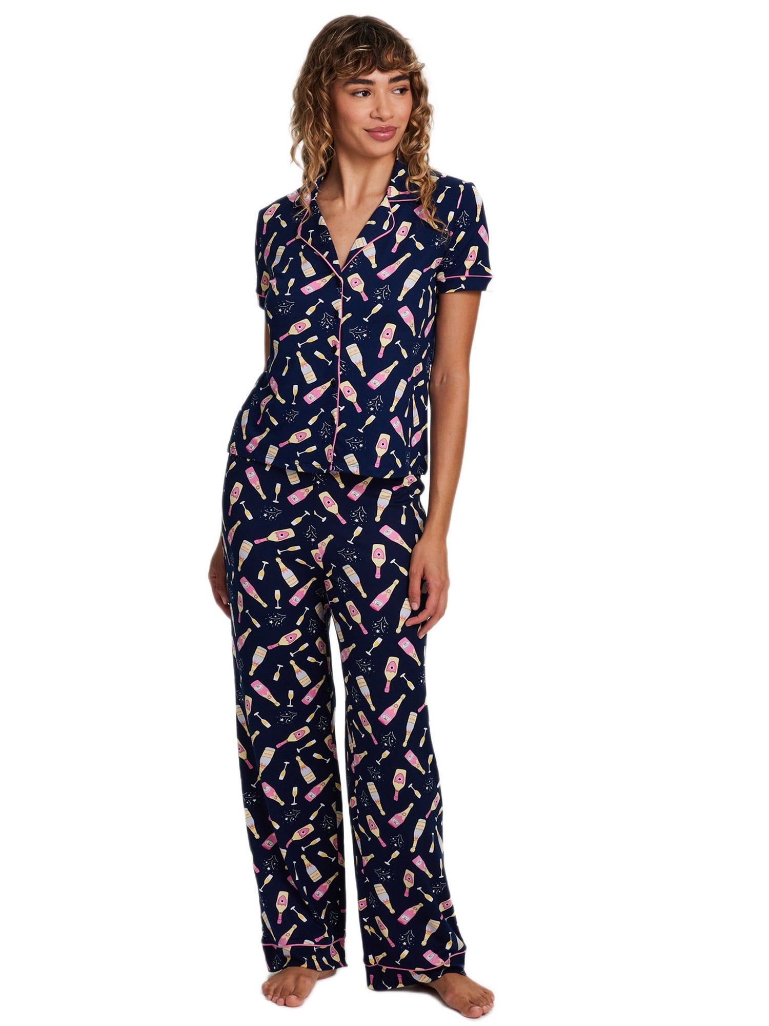 Sleep & Co. Women's & Women's Plus Short Sleeve Fesitve Notch Collar Button Down with Pant Pajama Sleep Lounge Set, 2-Piece, Sizes S-2XL