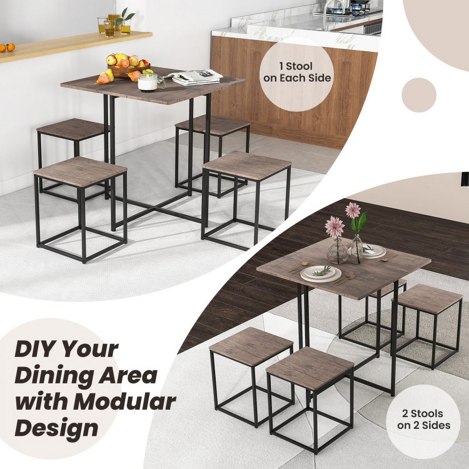 Finihen Dining Set, Dining Table Set, 5 Piece Dining Table Set with 4 Stools, for Home, Restaurant, Gray