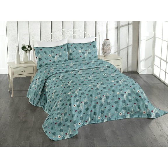 Ambesonne Geometric Quilted Coverlet 3 Pcs, Abstract Modern Dot Spot, King Size, Cadet Blue and Burgundy
