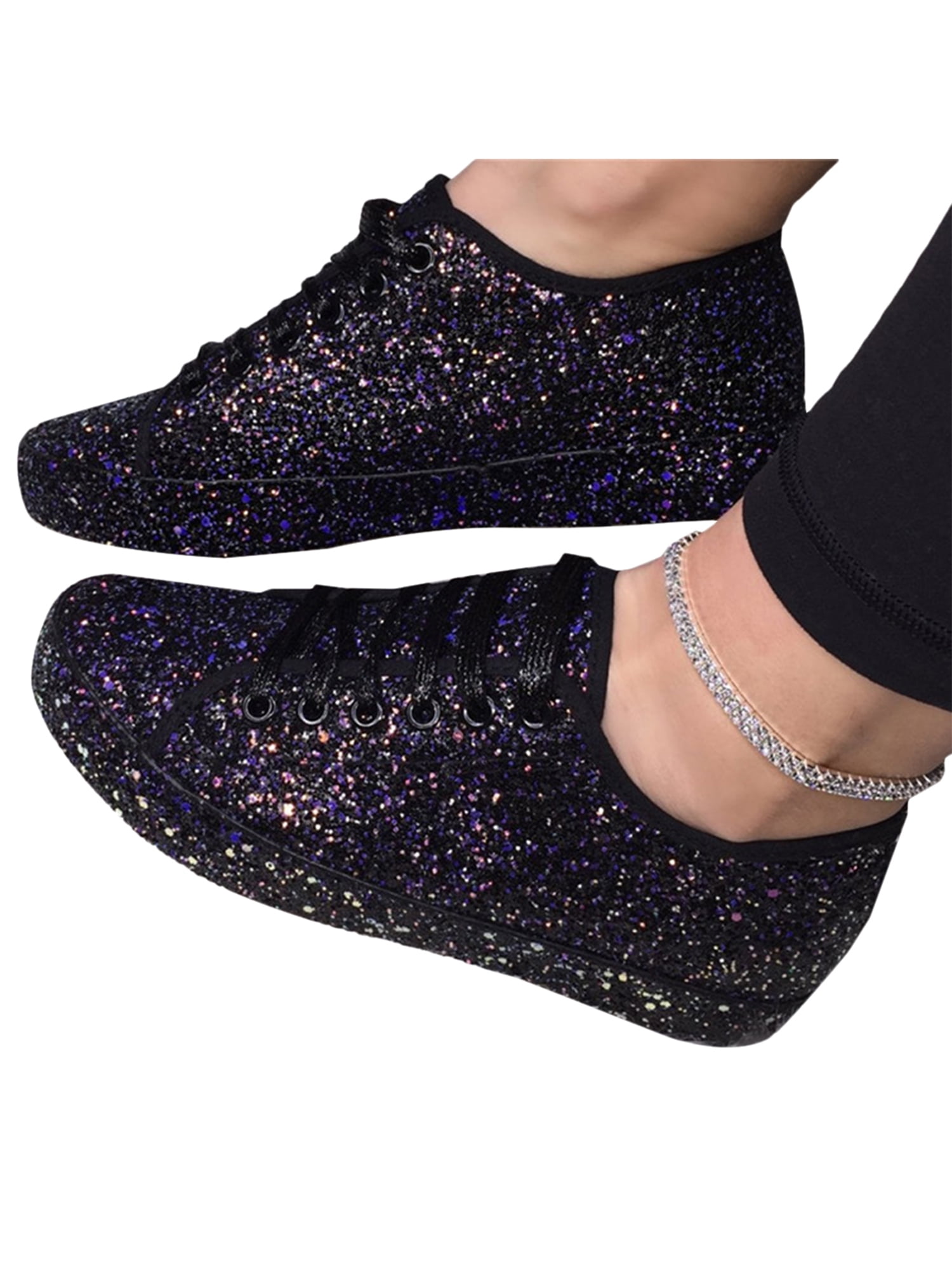 Lallc Women's Lace Up Sequin Glitter Flat Shoes Running Sport