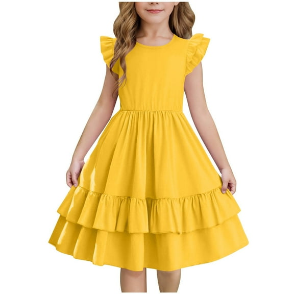 TGSLY Girls Princess Dresses Cute Flutter Sleeve A-Line Beach Sundress Casual Summer Double Layer Ruffled Tiered Swing Midi Dress Yellow 9-10 Years